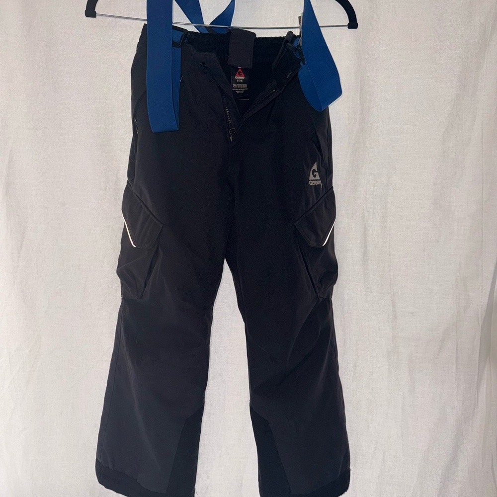 Gerry Kids Snow Bib Pants Black w/ Blue Suspenders Size S 7/8 Insulated Ski Snow